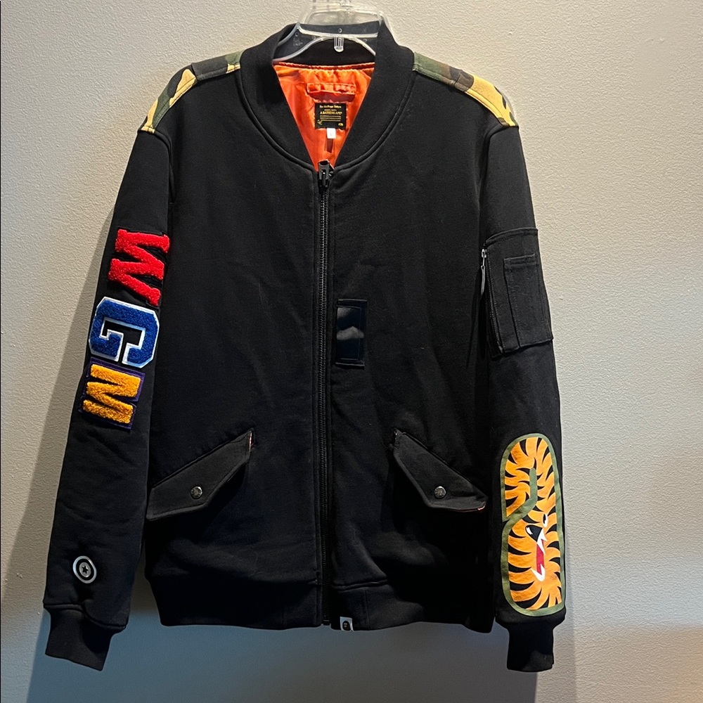 Bape Black Bomber Jacket with Multicolor Embroidery